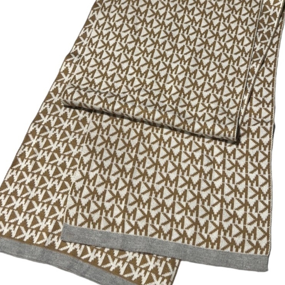 Michael Kors reversible monogram logo scarf cream & tan, gray border 64” x 9.5”